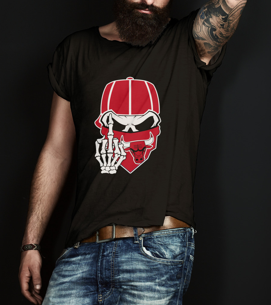 Chicago Bulls Skull Bandana Skeleton Hand Gesture T-Shirt