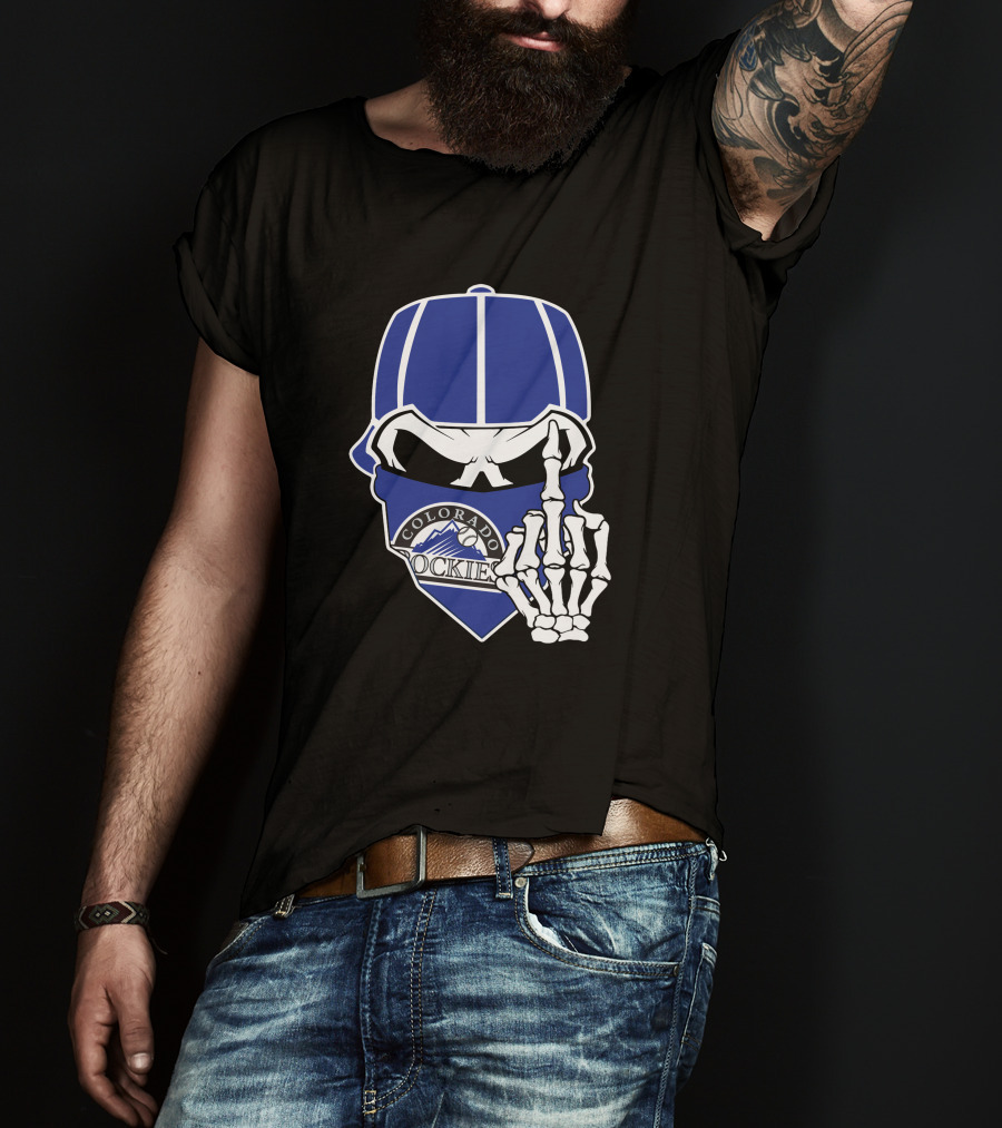 Colorado Rockies Skull Bandana With Skeleton Hand T-Shirt
