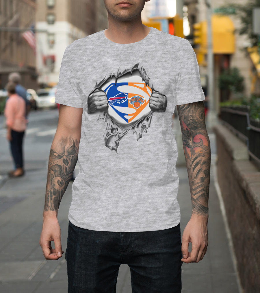Bills New York Knicks Superman Logo Crossover Busting Through T-Shirt