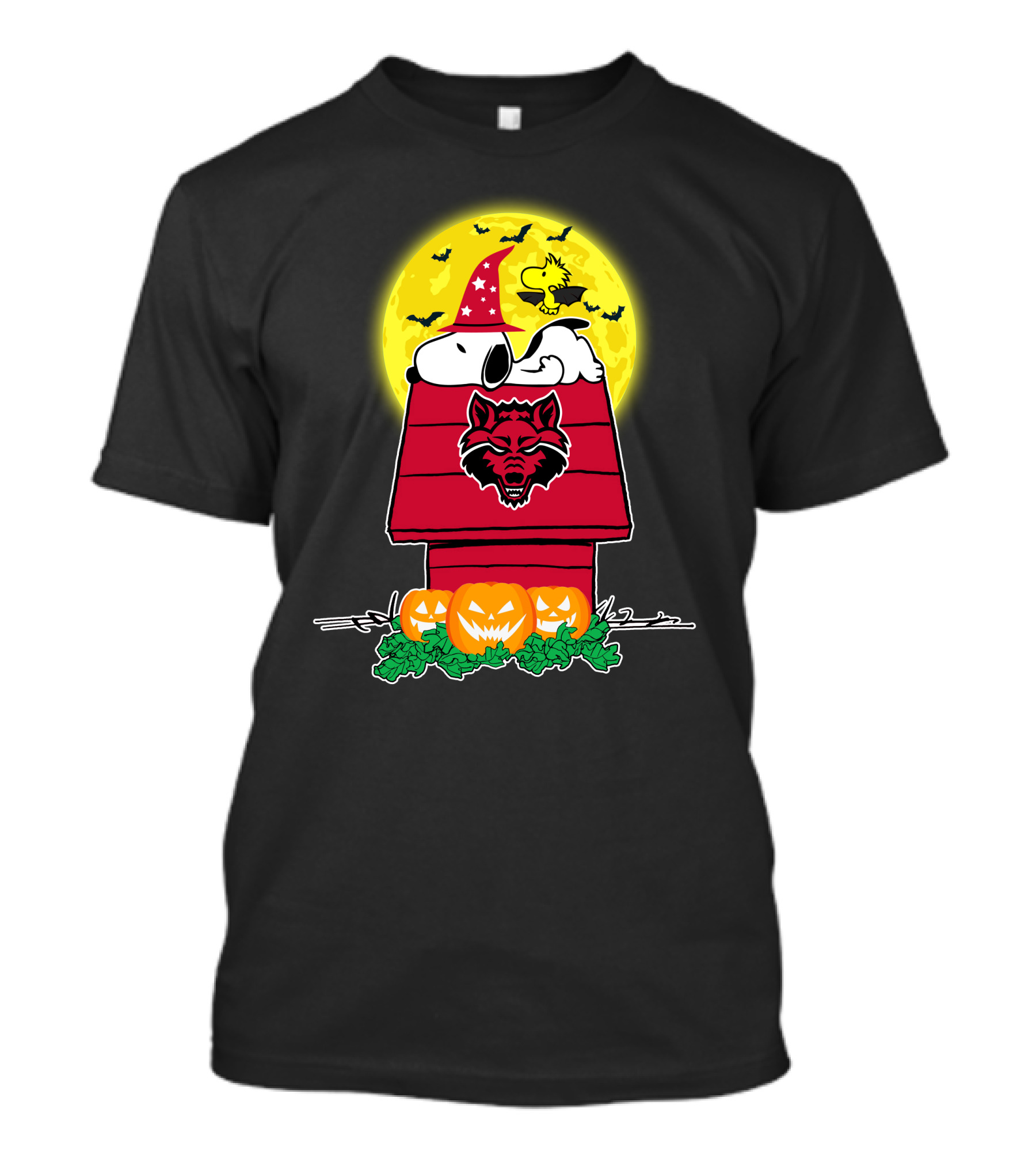 Arkansas State Red Wolves Snoopy Woodstock Halloween Pumpkins Moon Bats T-Shirt