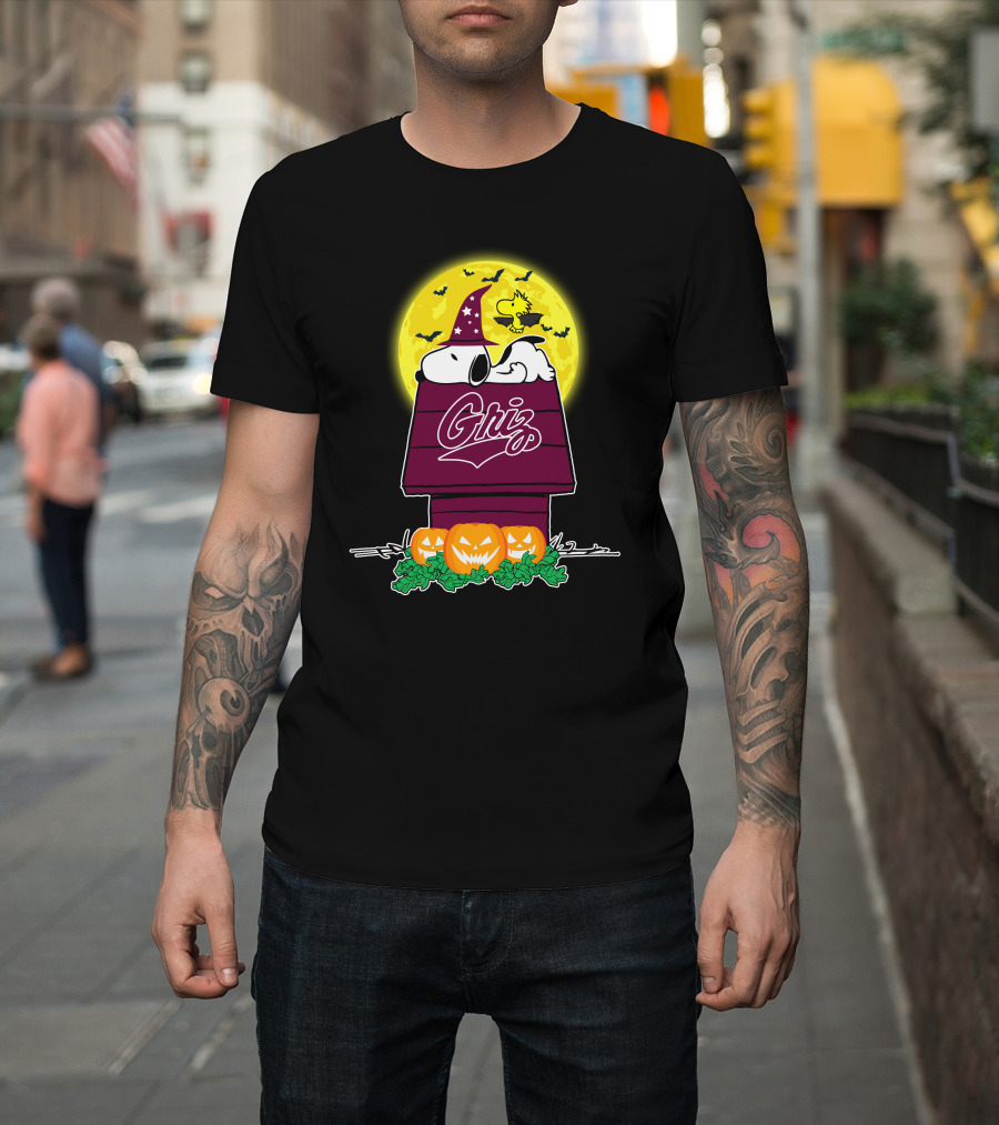 Montana Grizzlies Snoopy Woodstock Halloween Pumpkins Moon T-Shirt