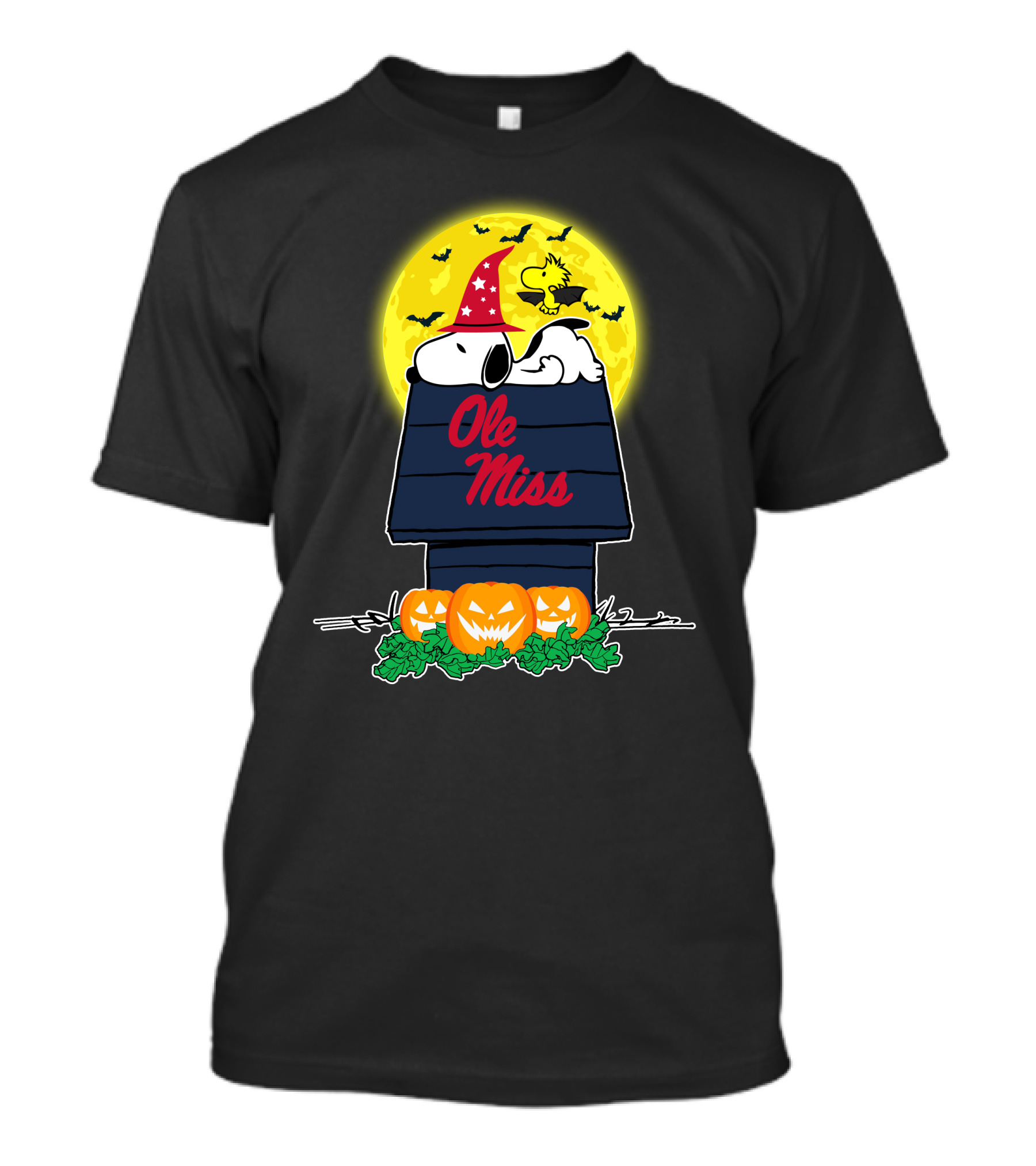 Ole Miss Halloween Snoopy Doghouse Pumpkins Full Moon T-Shirt