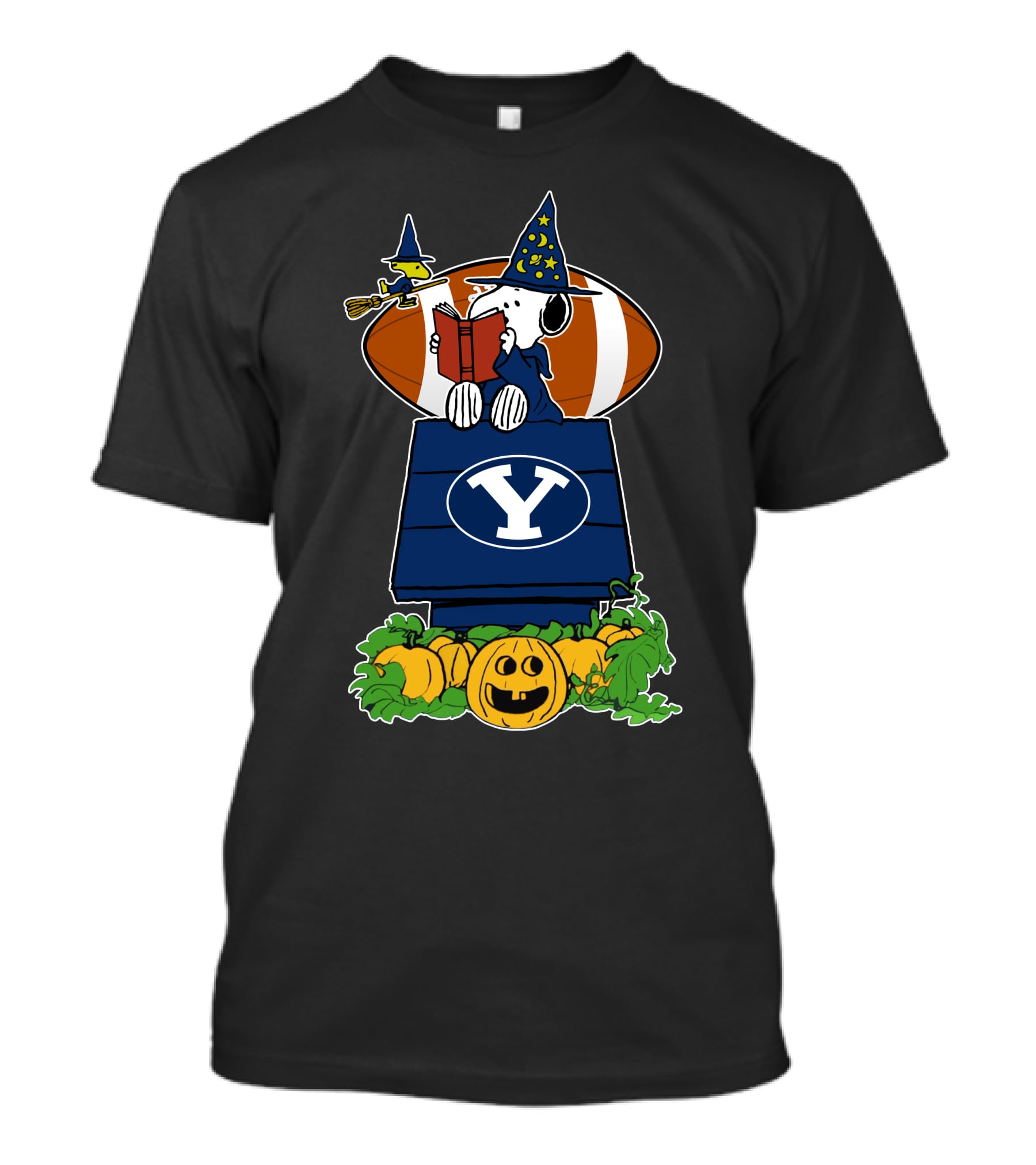 Byu Cougars Snoopy Halloween Witch And Football Scene T-Shirt