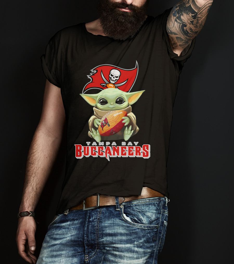 Tampa Bay Buccaneers Baby Yoda Holding Wilson Football T-Shirt