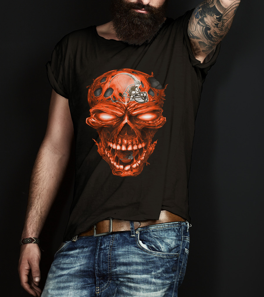 Cleveland Browns Helmet On Fiery Red Skull T-Shirt
