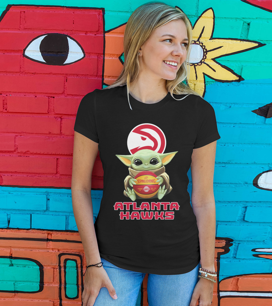 Atlanta Hawks Baby Yoda With Spalding Basketball And Hawks T-Shirt