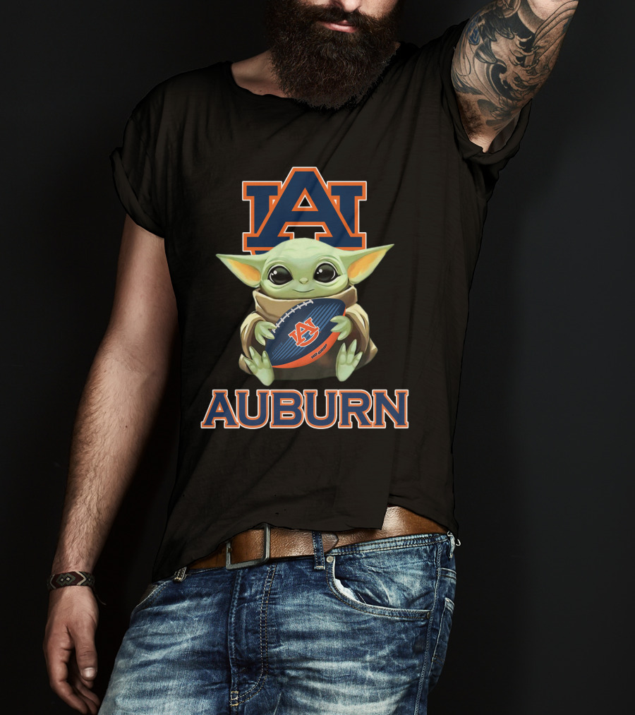 Auburn Tigers Baby Yoda Holding Football With Auburn T-Shirt