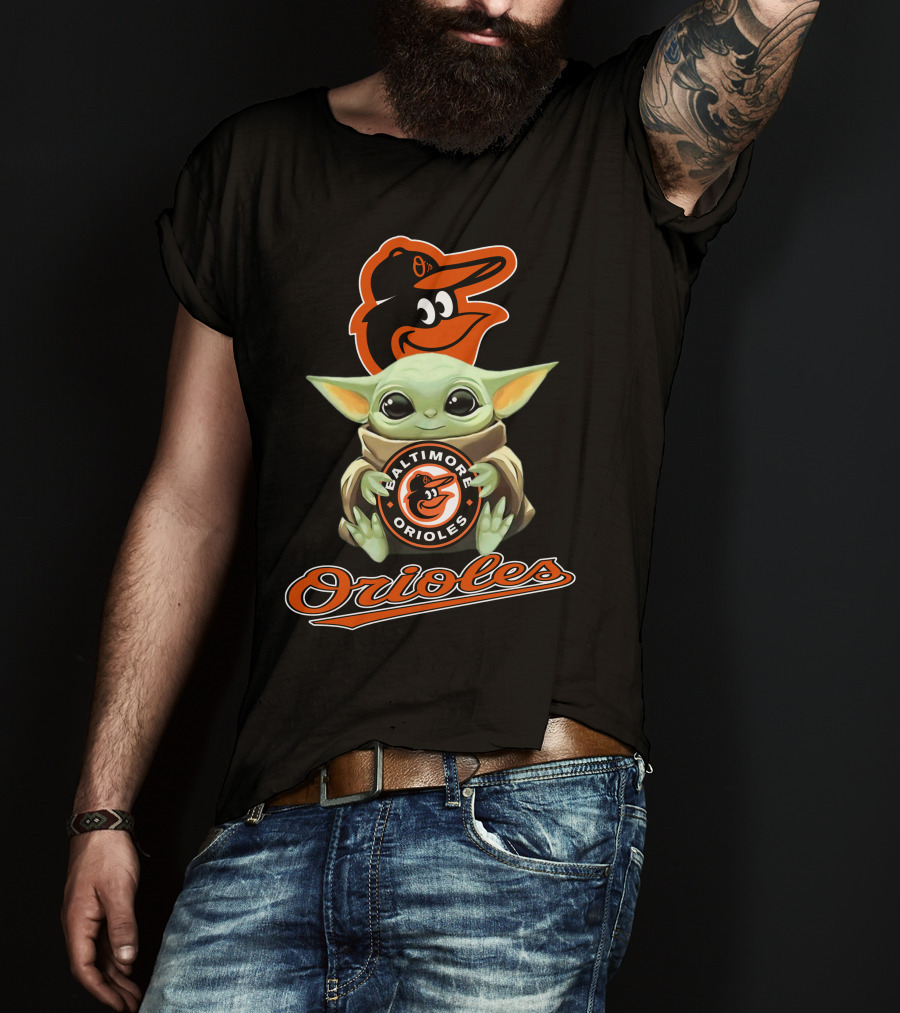 Baltimore Orioles Baby Yoda Holding Logo With Mascot And Team Name T-Shirt