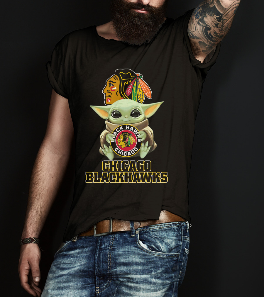 Chicago Blackhawks Baby Yoda Holding Blackhawks T-Shirt