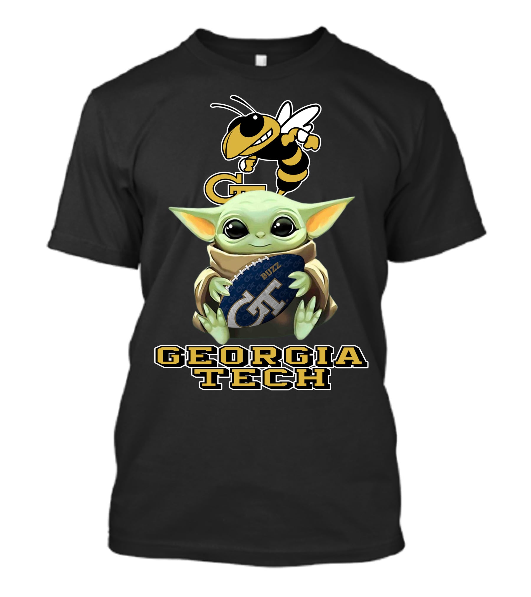 Georgia Tech Yellow Jackets Baby Yoda Holding Buzz Football T-Shirt