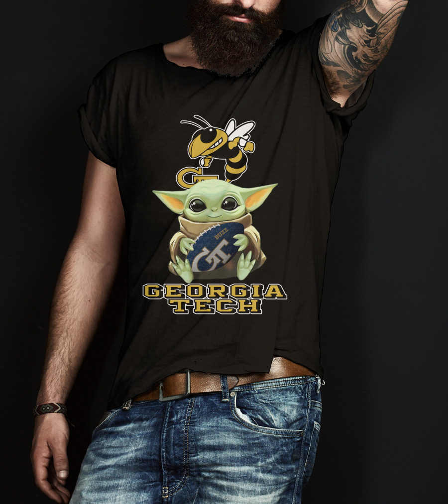 Georgia Tech Yellow Jackets Baby Yoda Holding Buzz Football T-Shirt