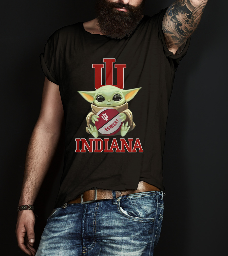 Indiana Hoosiers Baby Yoda With Iu Logo And Football T-Shirt