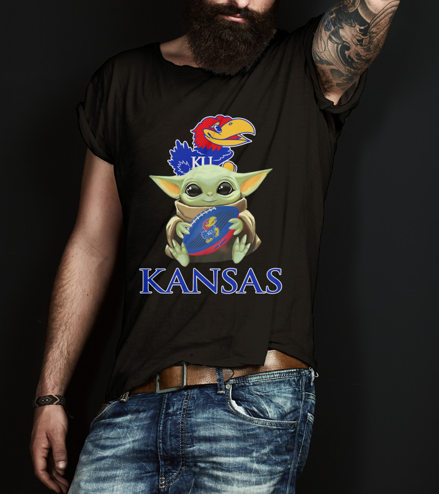 Kansas Jayhawks Baby Yoda Football Holding Ku T-Shirt