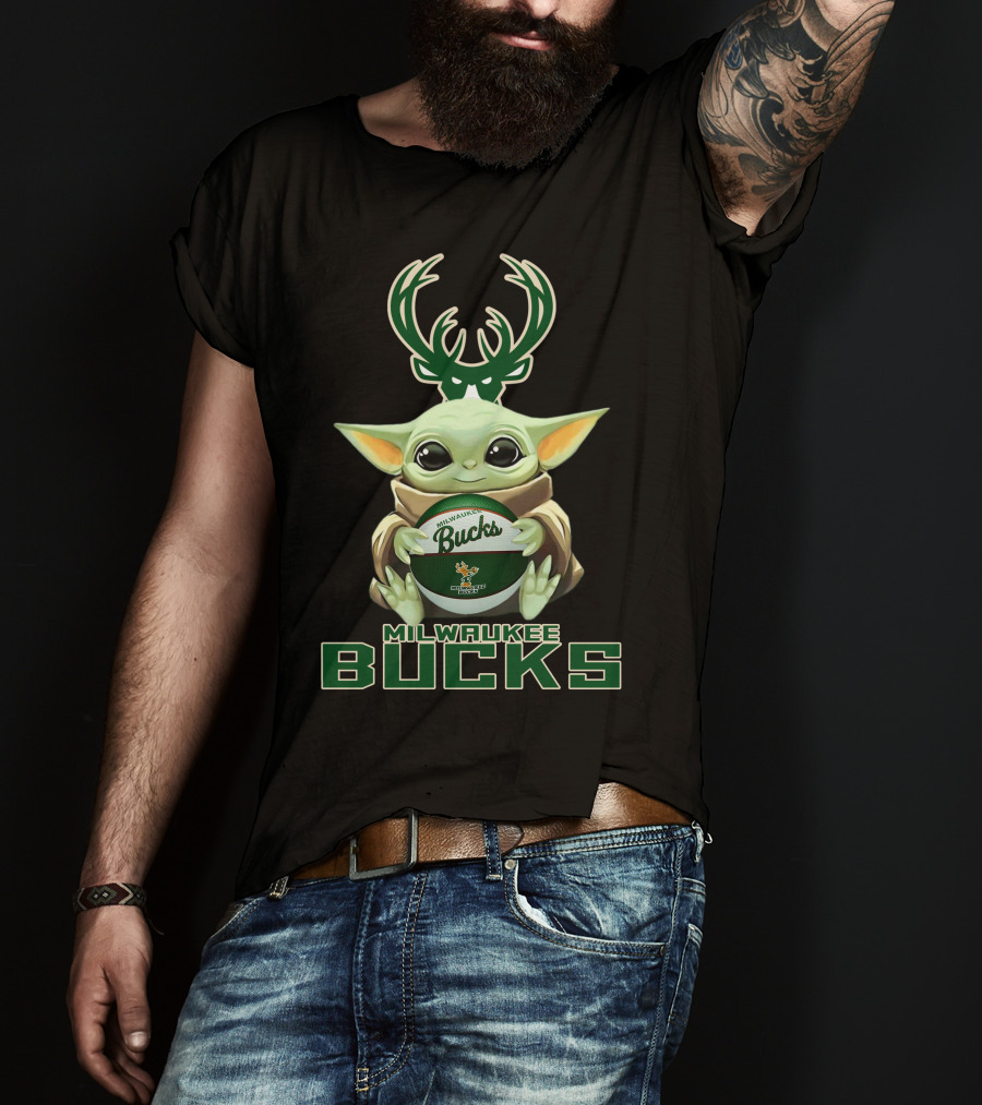Milwaukee Bucks Baby Yoda Holding Bucks Basketball Star Wars Crossover T-Shirt