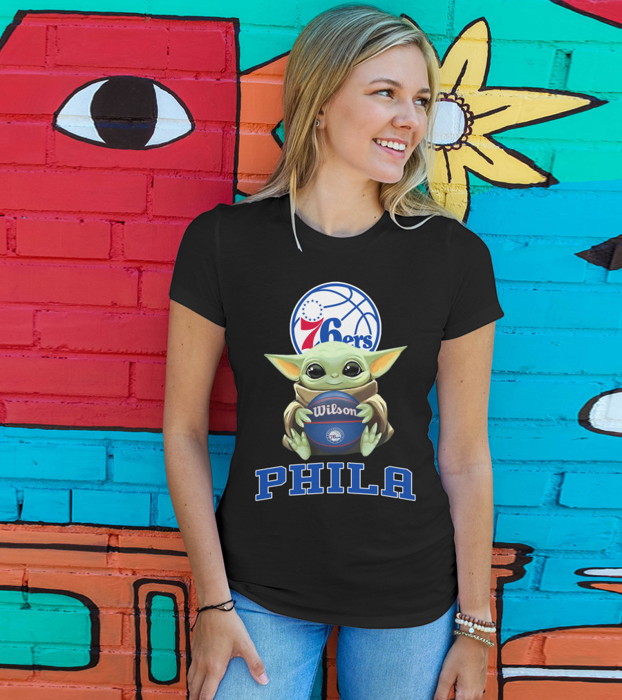 Philadelphia 76ers Baby Yoda Holding Wilson Basketball Phila T-Shirt