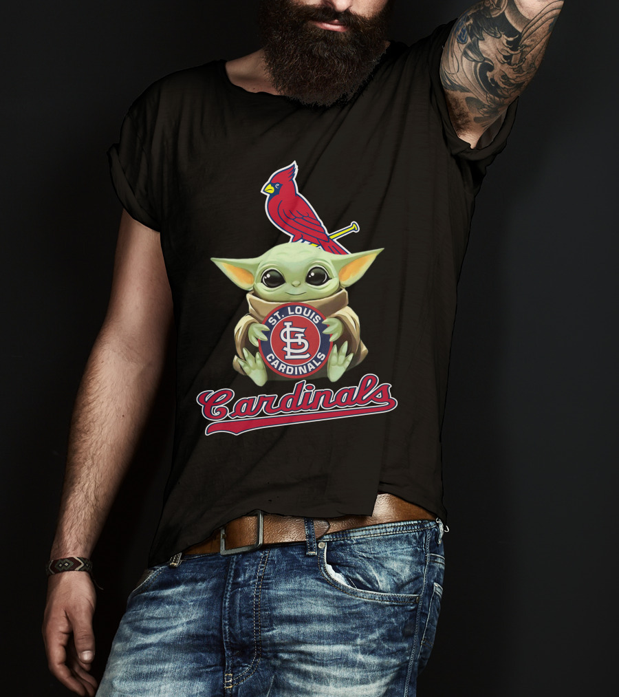 St. Louis Cardinals Baby Yoda Holding Logo With Cardinal Bird T-Shirt