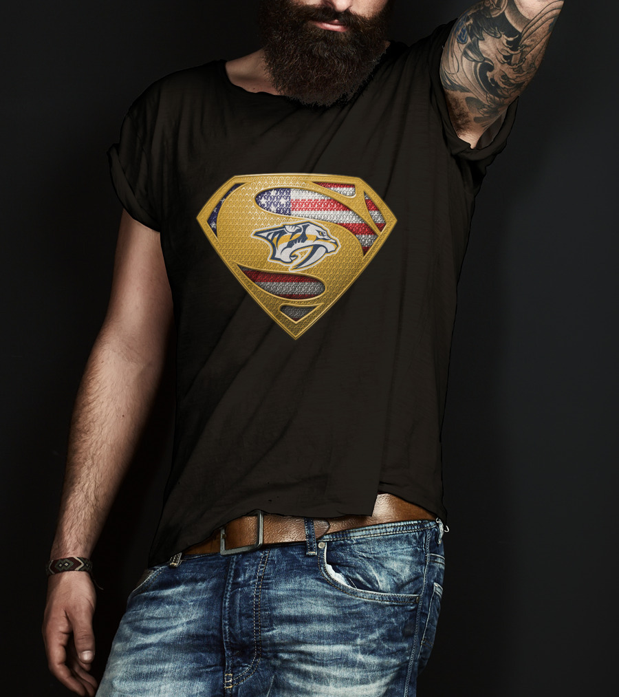 Nashville Predators Superman American Flag Badge T-Shirt