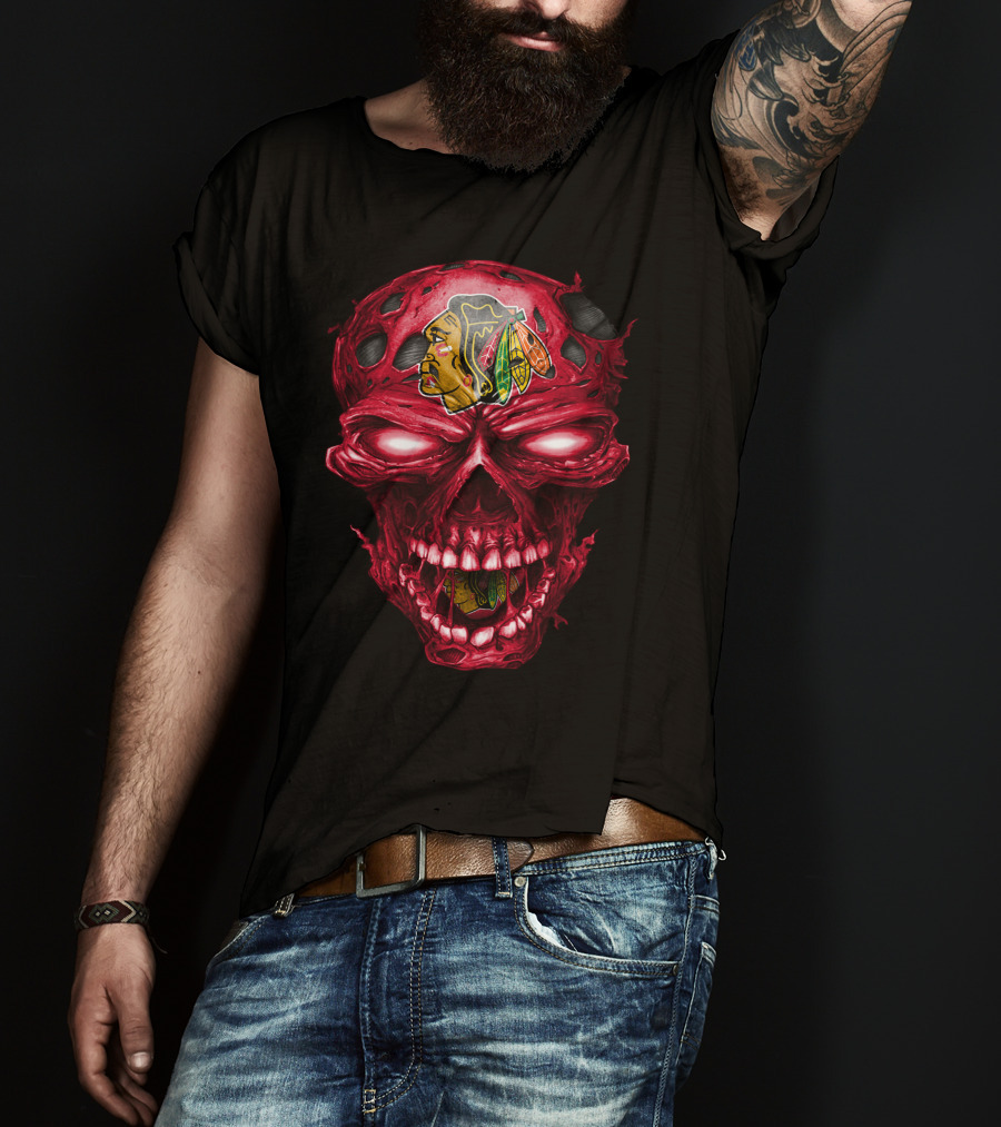 Chicago Blackhawks Skull Red Grunge Horror Style T-Shirt