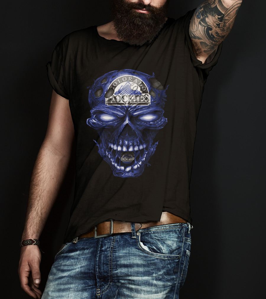 Colorado Rockies Skull Logo With Blue Fiery T-Shirt