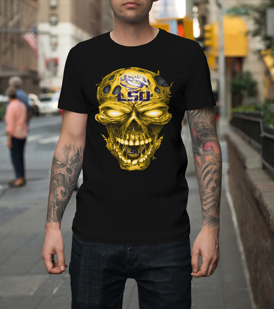Lsu Tigers Skull Graphic With Logo And Fierce Glowing Eyes T-Shirt