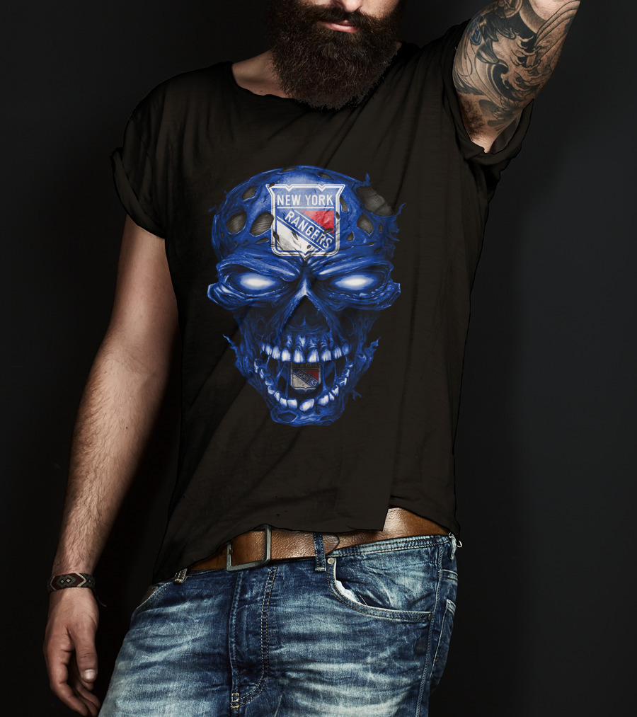 New York Rangers Skull Blue Biker Art T-Shirt