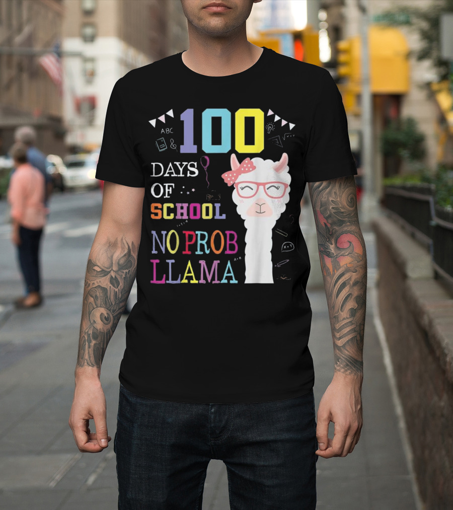 100 Days of School No Probllam Llama with Glasses and Bow T-Shirt