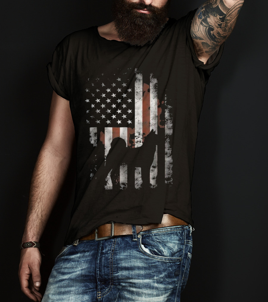 Akita Inu Silhouette Overlaid On American Flag Patriotic T-Shirt