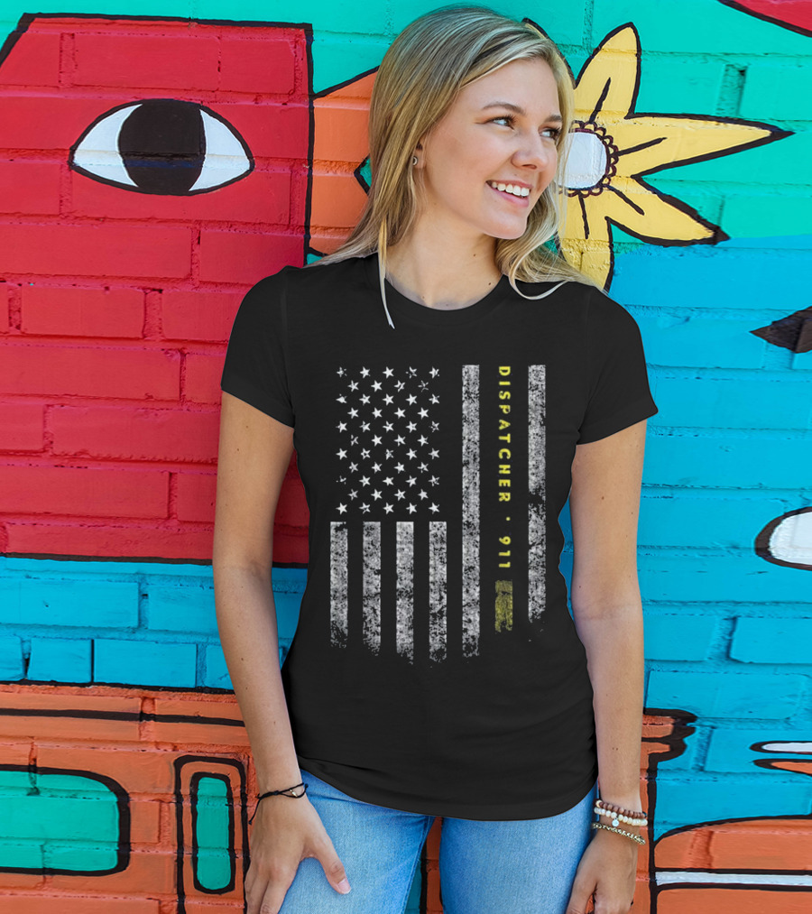 American Flag Dispatcher 911 Gold Line T-Shirt