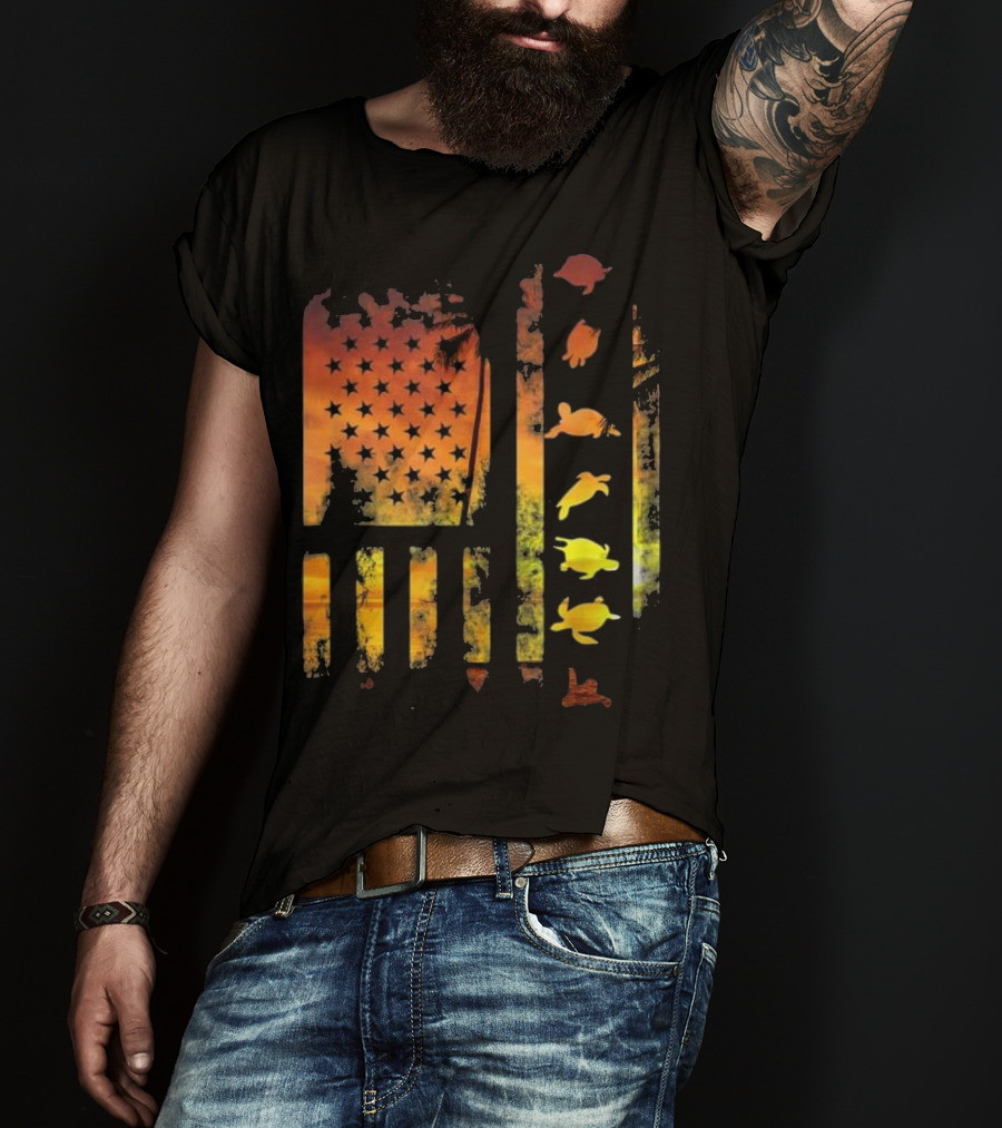 American Flag Sunset Sea Turtle T-Shirt