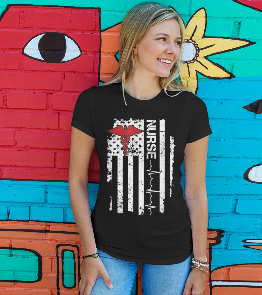 Nurse Caduceus Heartbeat American Flag Stars Stripes T-Shirt
