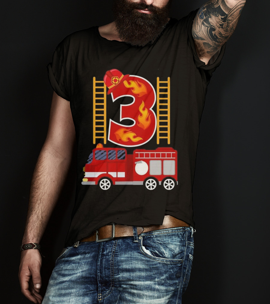 Birthday Firefighter Number 3 Fire Truck Flames Hat Ladder T-Shirt