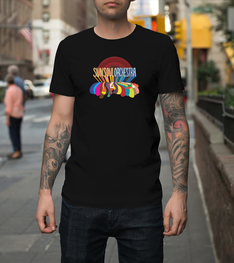 Sun Soul Orchestra Vibrant Multi-Colored Abstract Waves and Red Vinyl Record Element T-Shirt