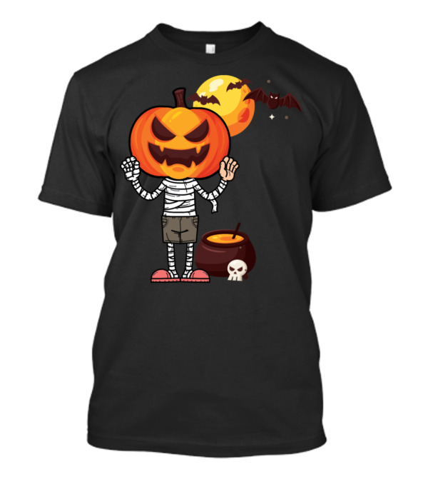 Halloween Pumpkin Mummy With Cauldron Bat Moon T-Shirt
