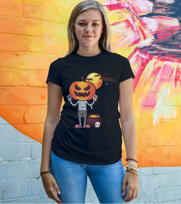 Halloween Pumpkin Mummy With Cauldron Bat Moon T-Shirt