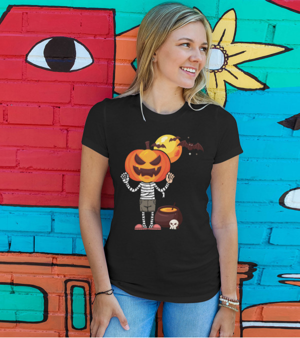 Halloween Pumpkin Mummy With Cauldron Bat Moon T-Shirt
