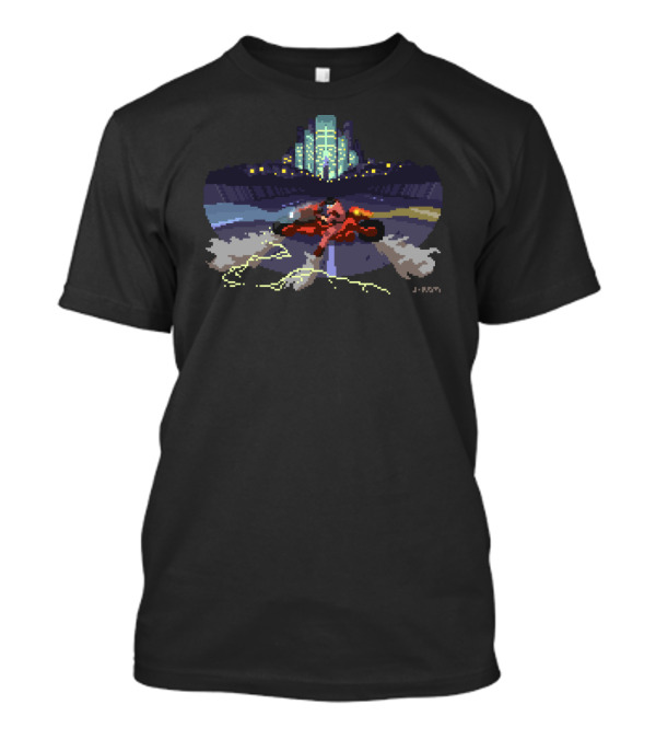 Akira Kaneda's Iconic Red Bike Pixel Art Neo Tokyo Scene T-Shirt