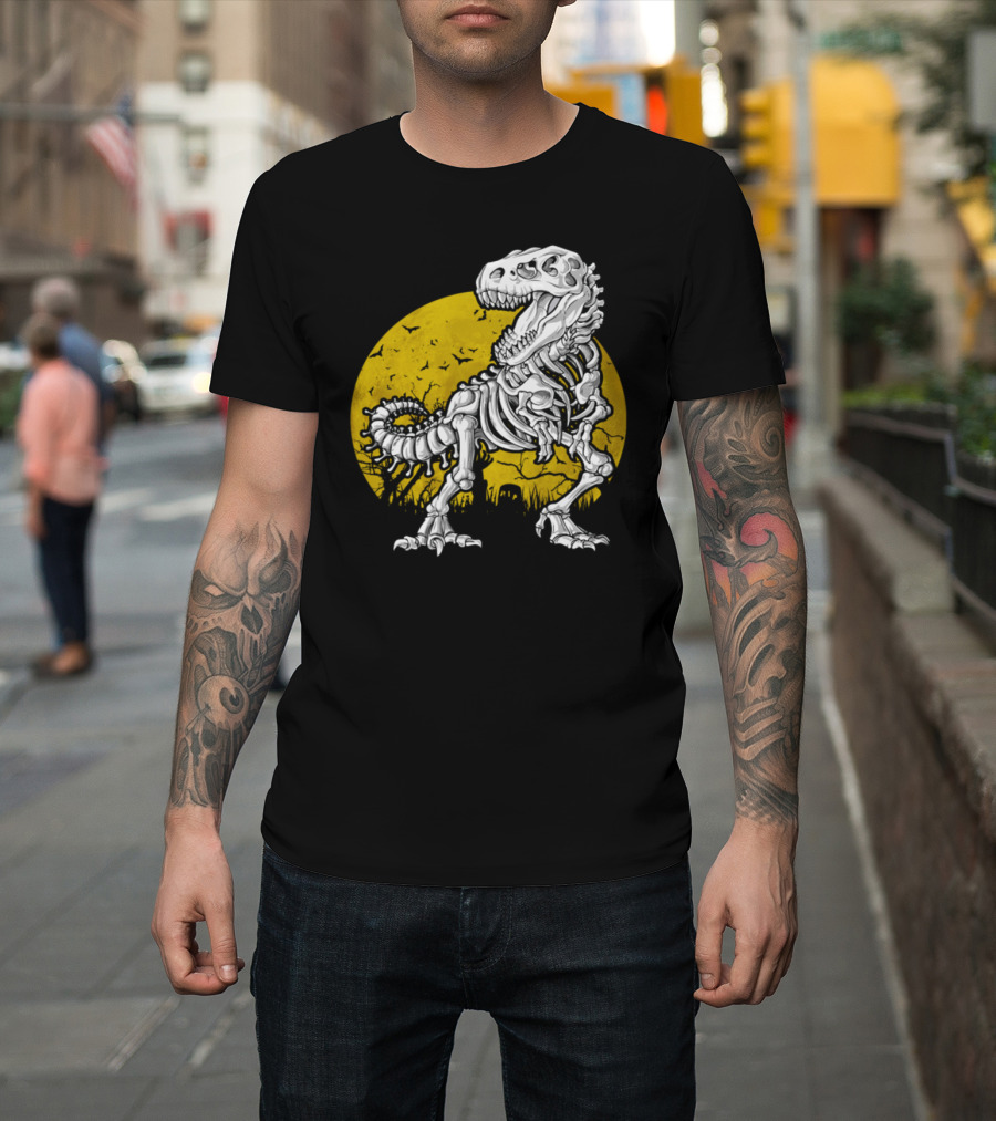Halloween Dinosaur Skeleton in Haunted Moonlight Scene T-Shirt