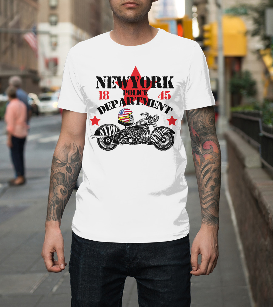 NEWYORK Police Department 1845 NYPD Motorcycle Skull Helmet Stars T-Shirt