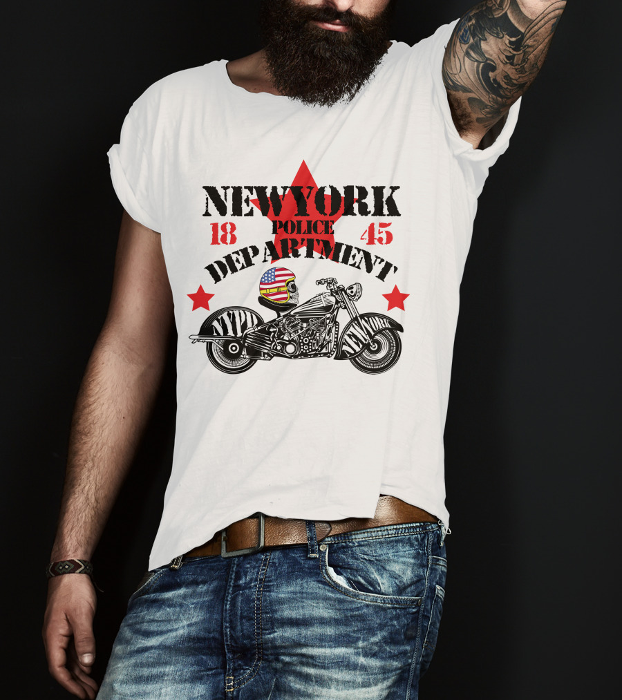 NEWYORK Police Department 1845 NYPD Motorcycle Skull Helmet Stars T-Shirt