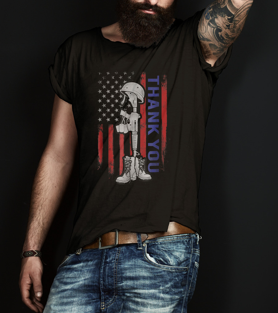 Thank You Distressed Memorial Day Flag Military Boots Dog Tags T-Shirt