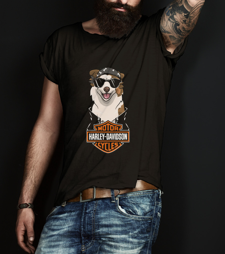 Harley Davidson Motor Cycles Australian Shepherd Biker Dog T-Shirt