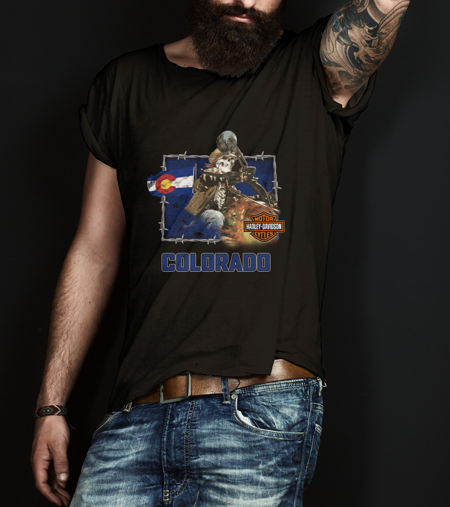 Colorado Harley Davidson Skeleton Rider With State Flag T-Shirt