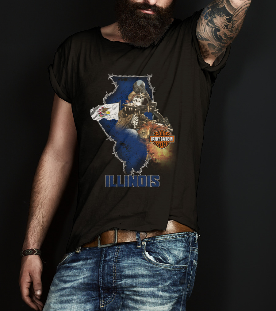 Illinois Harley Davidson Motorcycles Skeleton Rider Barbed Wire Flag T-Shirt
