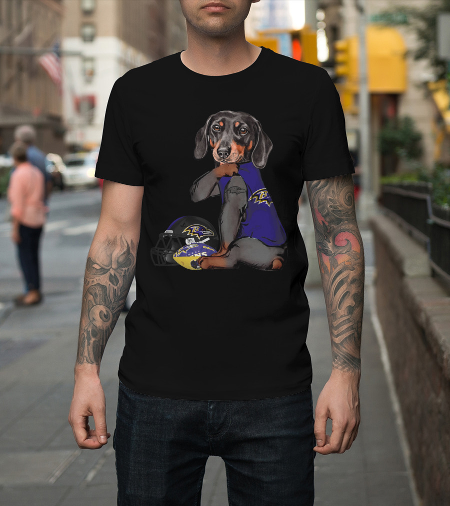 Baltimore Ravens Dachshund Wearing Team Jersey With Football Helmet T-Shirt