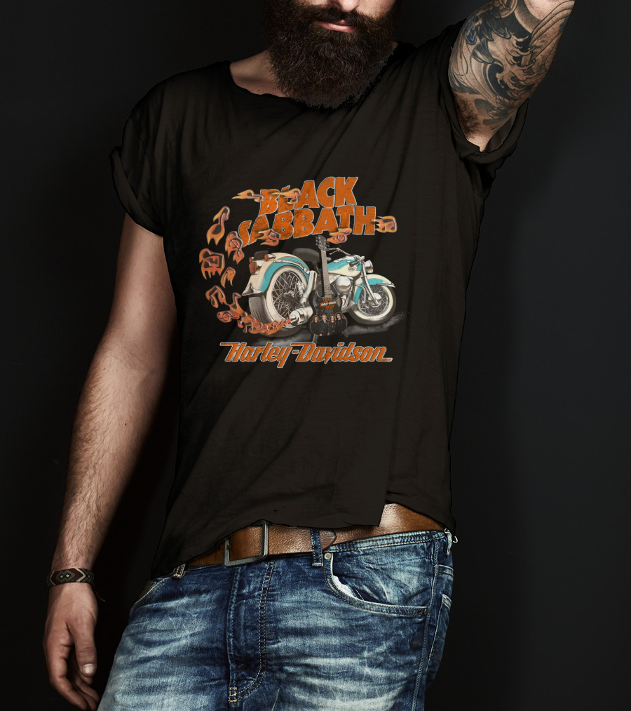 Black Sabbath Harley Davidson Motorcycle Flames Guitar T-Shirt