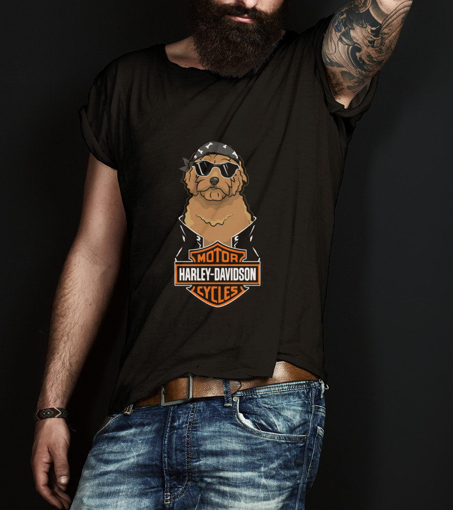 Harley Davidson Motor Cycles Goldendoodle With Sunglasses And Bandana T-Shirt