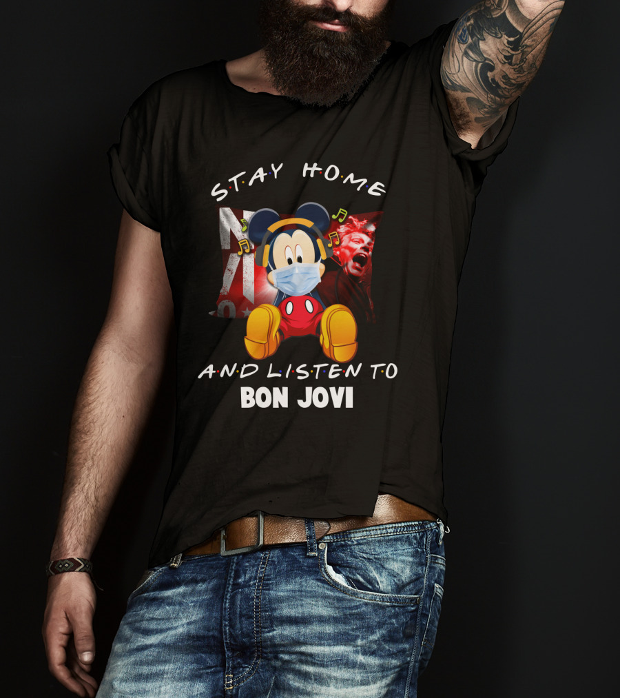 Stay Home And Listen To Bon Jovi Mickey Mouse Masked Music Notes T-Shirt