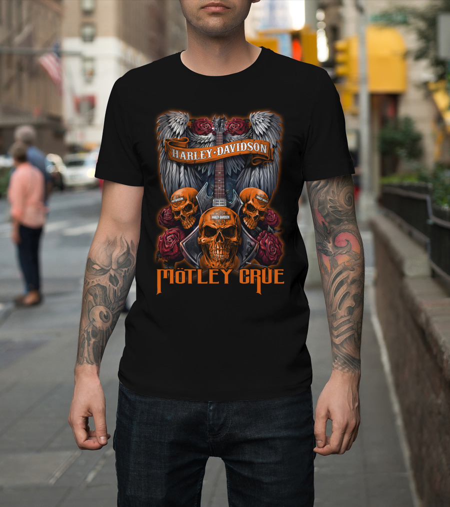 Mötley Crüe Harley Davidson Skulls And Guitar Wings Roses T-Shirt