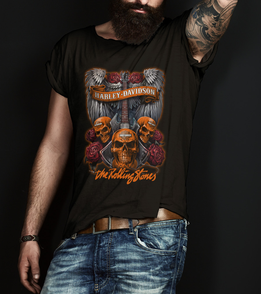 Harley Davidson The Rolling Stones Skull And Guitar Wings Roses 47Hd T-Shirt