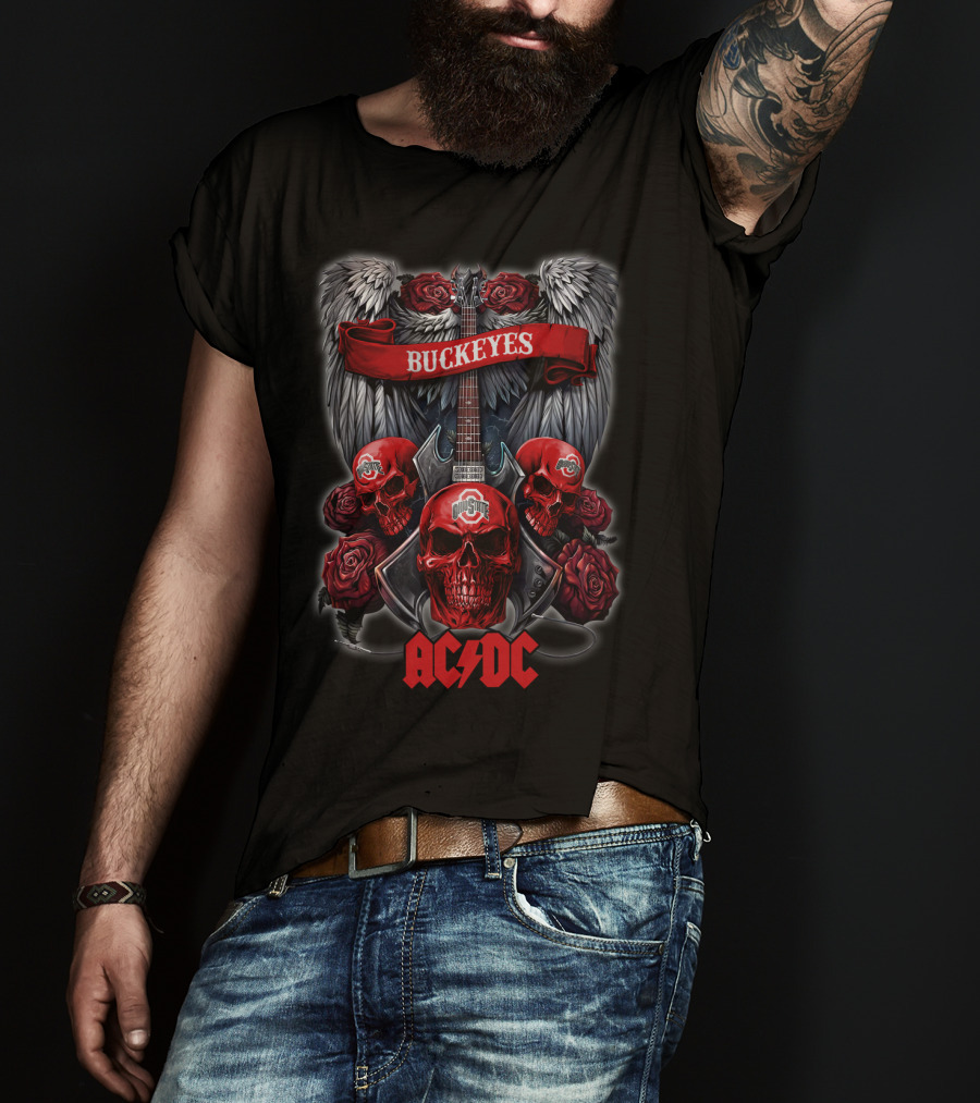 Ohio State Buckeyes ACDC Skull Wings Roses Guitar T-Shirt